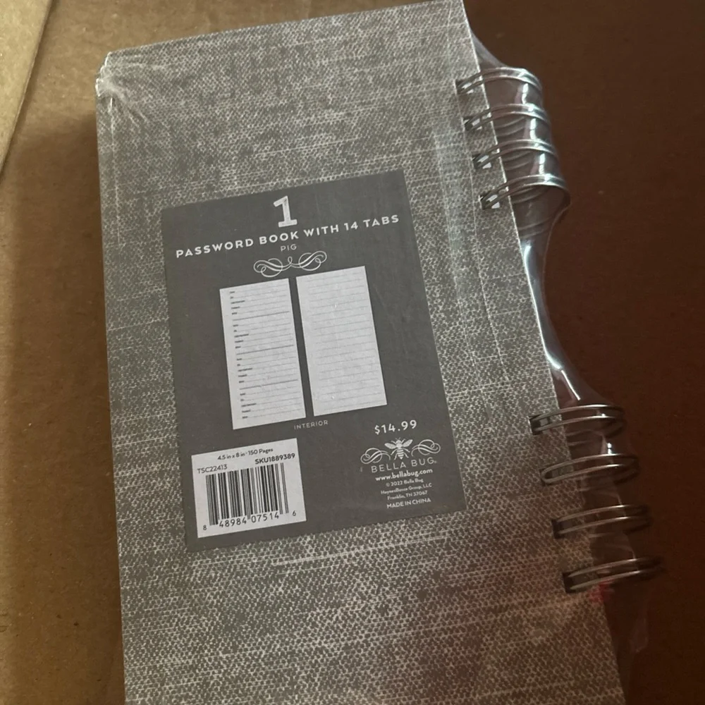Bella Bug password book w/ 14 tabs Gray Spiral Notebook with Pig Design